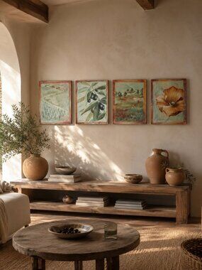 Set of 4 Rustic Nature-Themed Canvas Paintings – Olive Grove & Floral